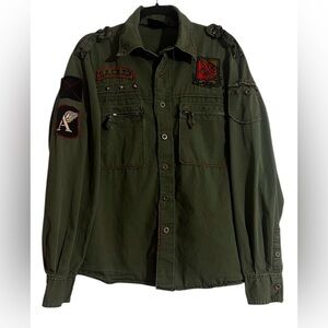 Vintage Raw Blue Military Style Patchwork Button Up Shirt with Patches